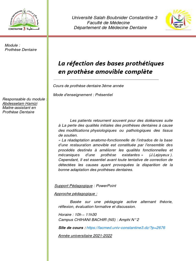 Réfection des bases prothétiques complètes | PDF | Prothèse | Anatomie ...