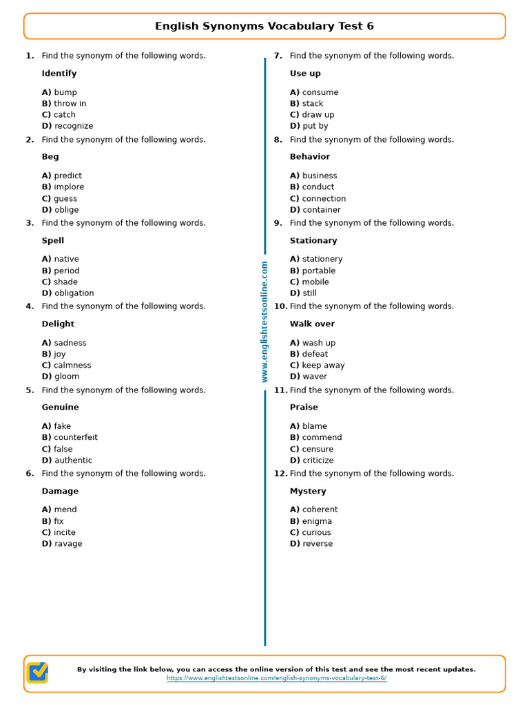 1661 - English Synonyms Vocabulary Test 6 | PDF | Lexical Semantics