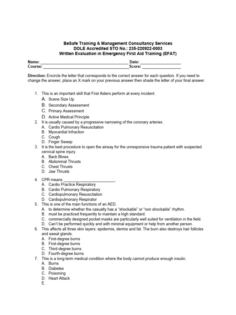 Besafe Efat Questionnaire | PDF | First Aid | Cardiopulmonary Resuscitation