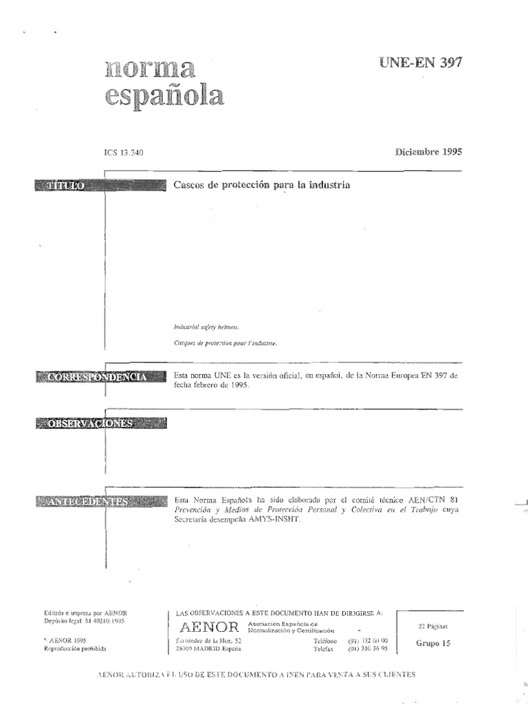 UNE - EN 397 (Cascos) | PDF