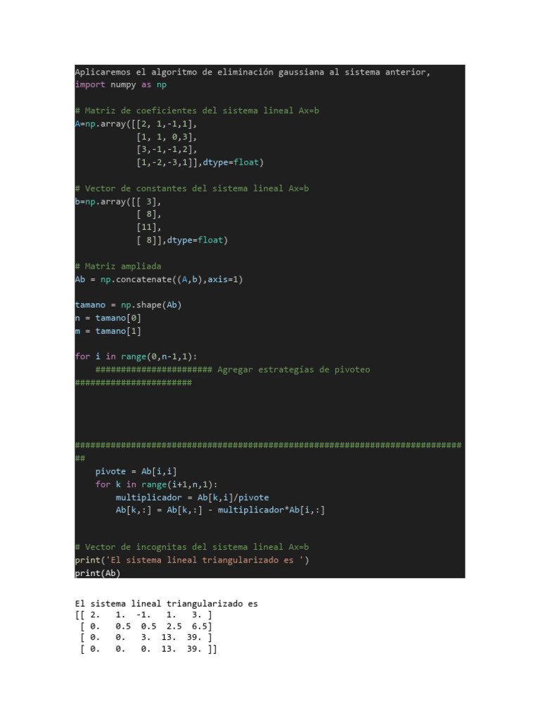 Aplicaremos El Algoritmo de Eliminación Gaussiana Al Sistema Anterior