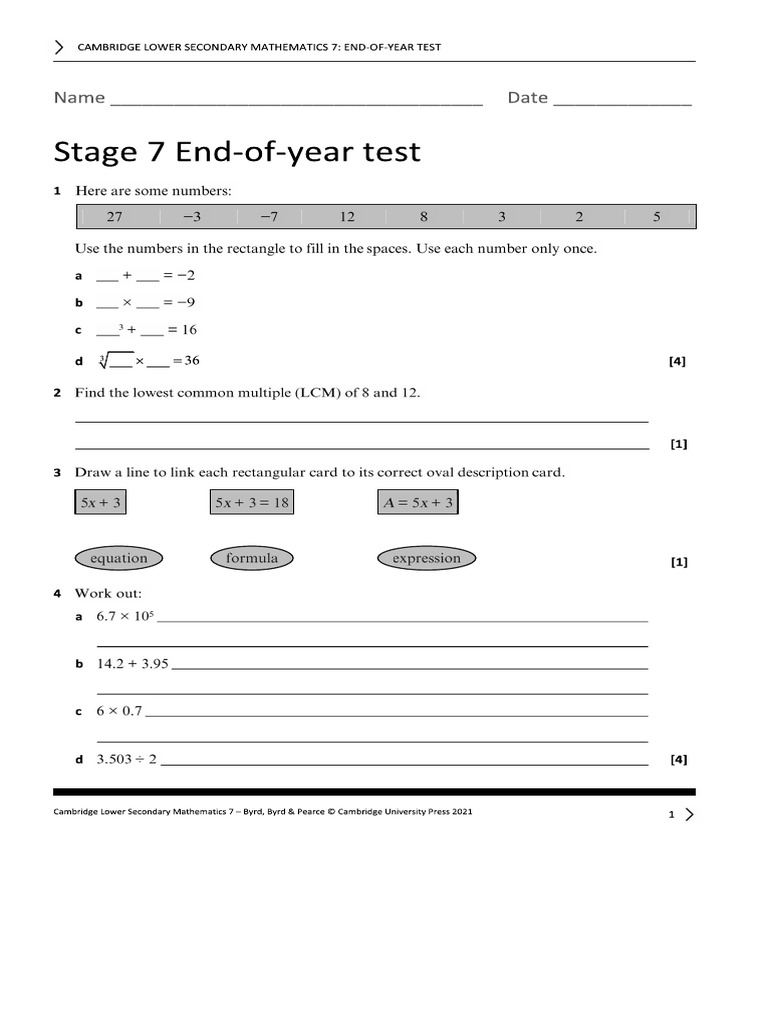 LS Maths 7 End of Year Test 1 | PDF