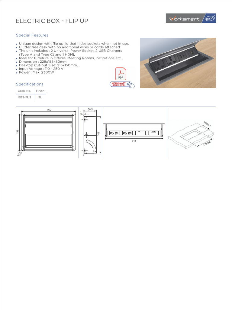 Electric Box Flip Up With 2 Universal Power Sockets 2 Usb Fast Charger