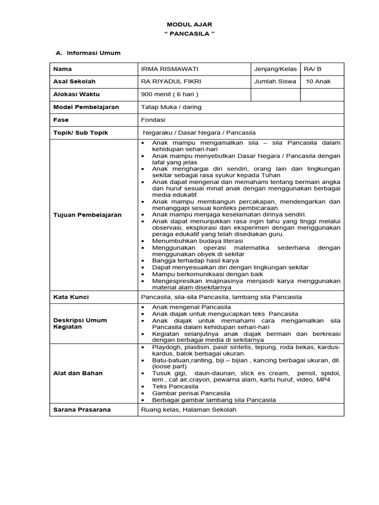 Modul Ajar Pancasila untuk Anak TK | PDF