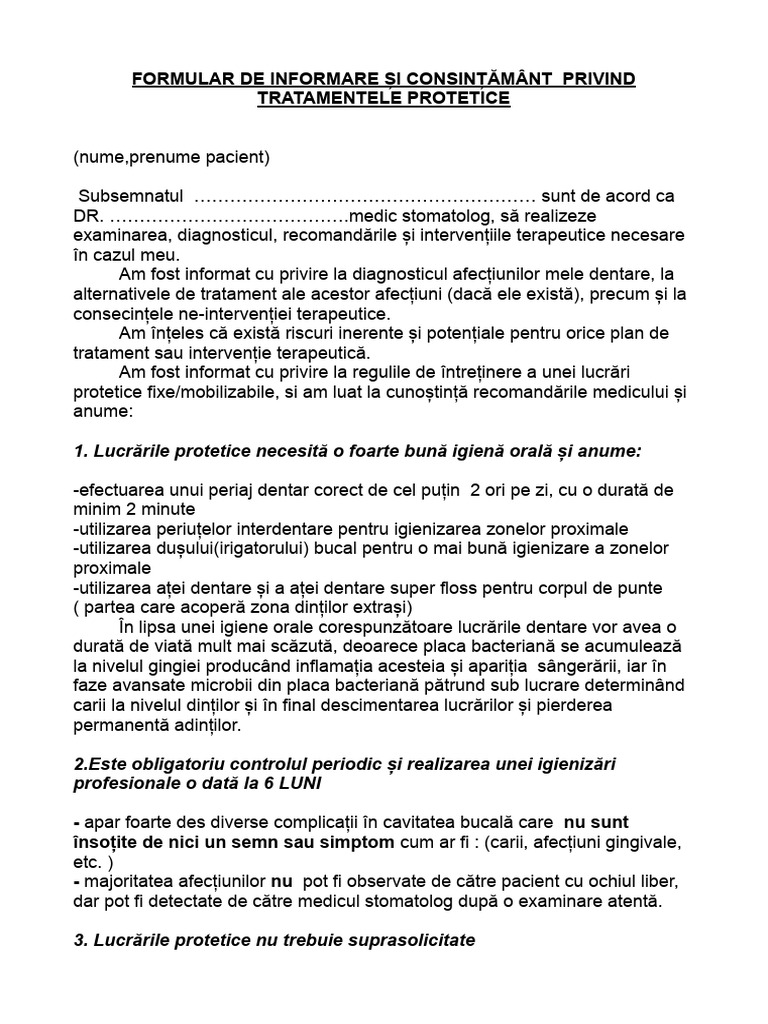 Formular de Tratament Protetic | PDF