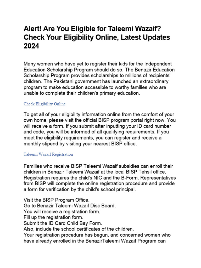 Alert! Are You Eligible For Taleemi Wazaif, Check Your Eligibility ...