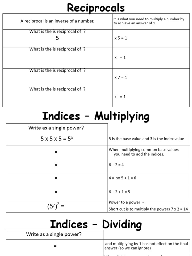 Understanding Reciprocals and Indices | PDF | Numbers | Algebra