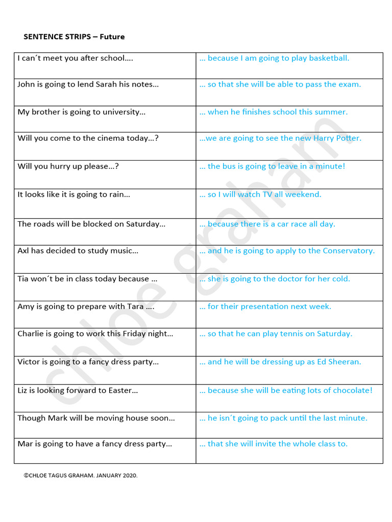 Sentence Strips Future Reading Comprehension Exercises Warmers Coolers