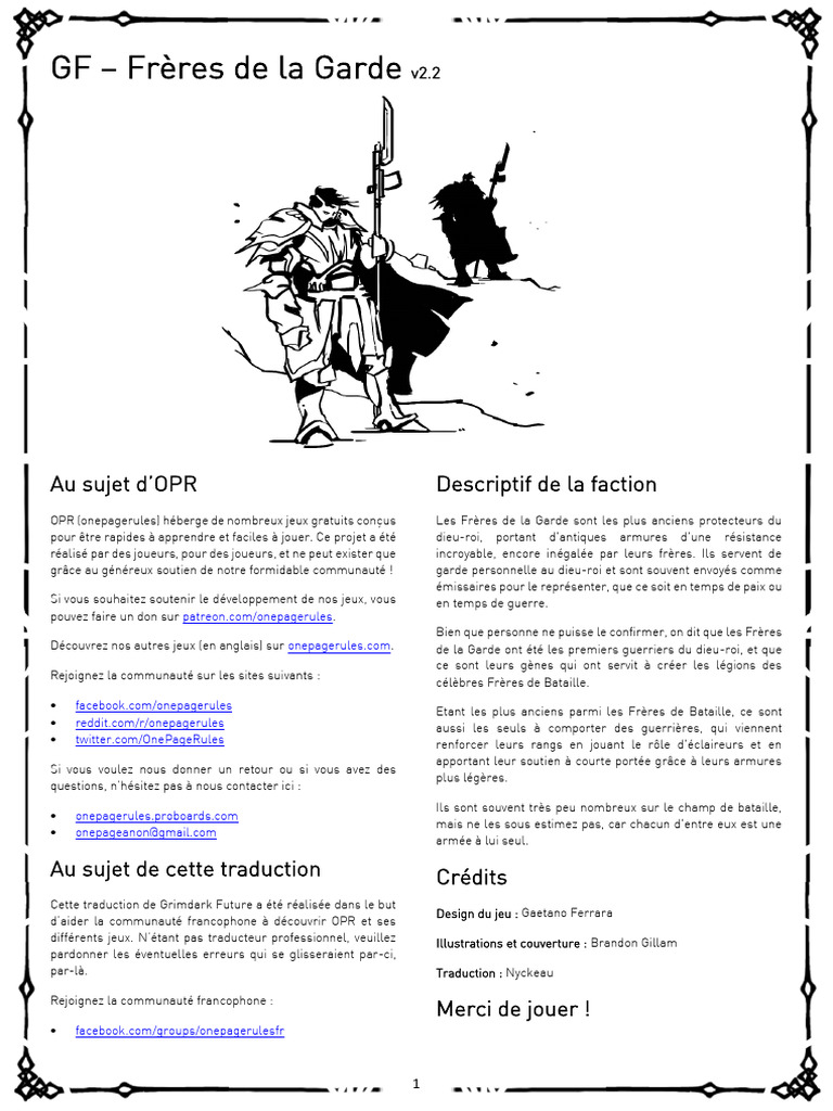 Frères de la Garde : Guide de jeu OPR | PDF | Équipement | Équipement ...