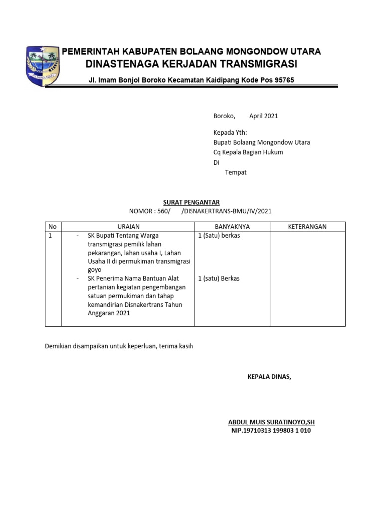 Surat Pengantar Dokumen Transmigrasi | PDF