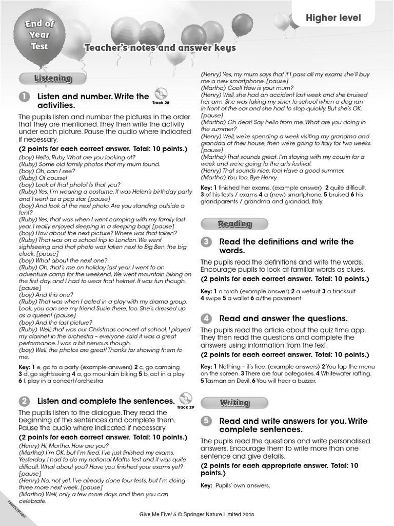 GMF L5 End of Year Higher Level Test Answer Key | PDF