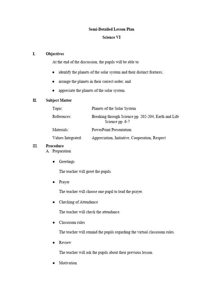 Lesson Plan: Solar System for Grade VI | PDF | Teachers | Lesson Plan