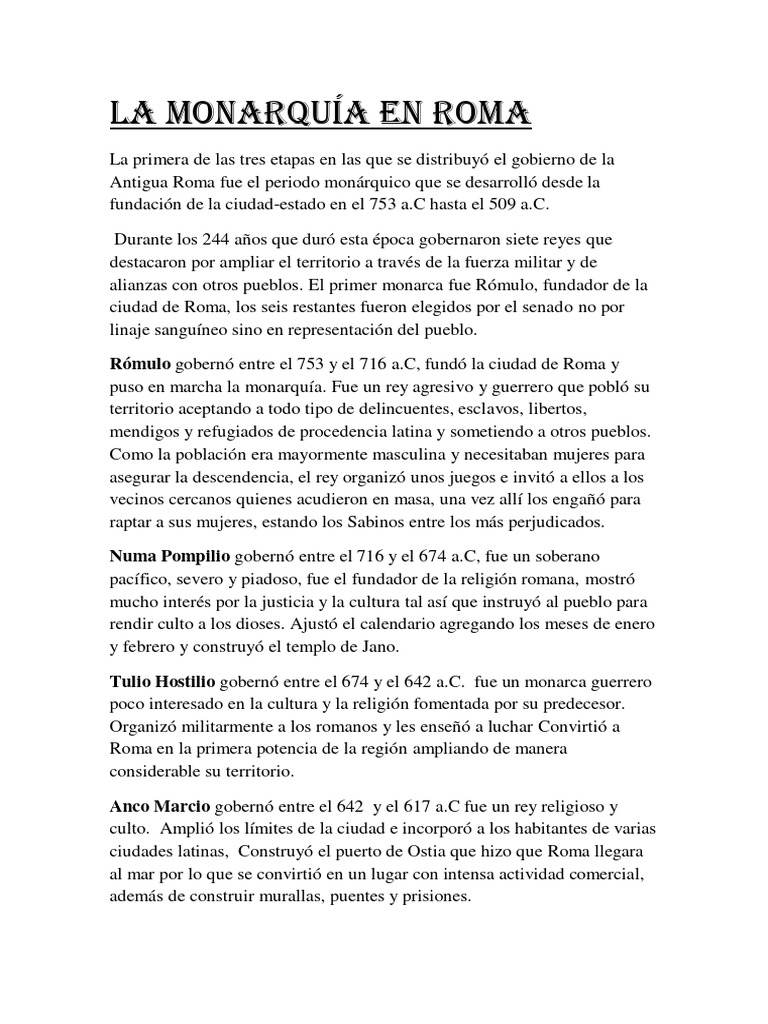 La Monarquía Romana: Reyes y Legado | PDF | Roma antigua | Romulus y Remus