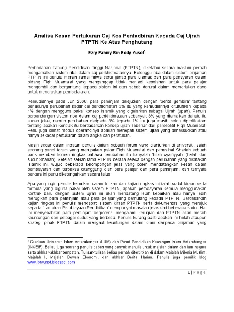 Analisa Kesan Pertukaran Caj Kos Ran Kepada Caj Ujrah Ptptn Ke Atas Penghutang Pdf