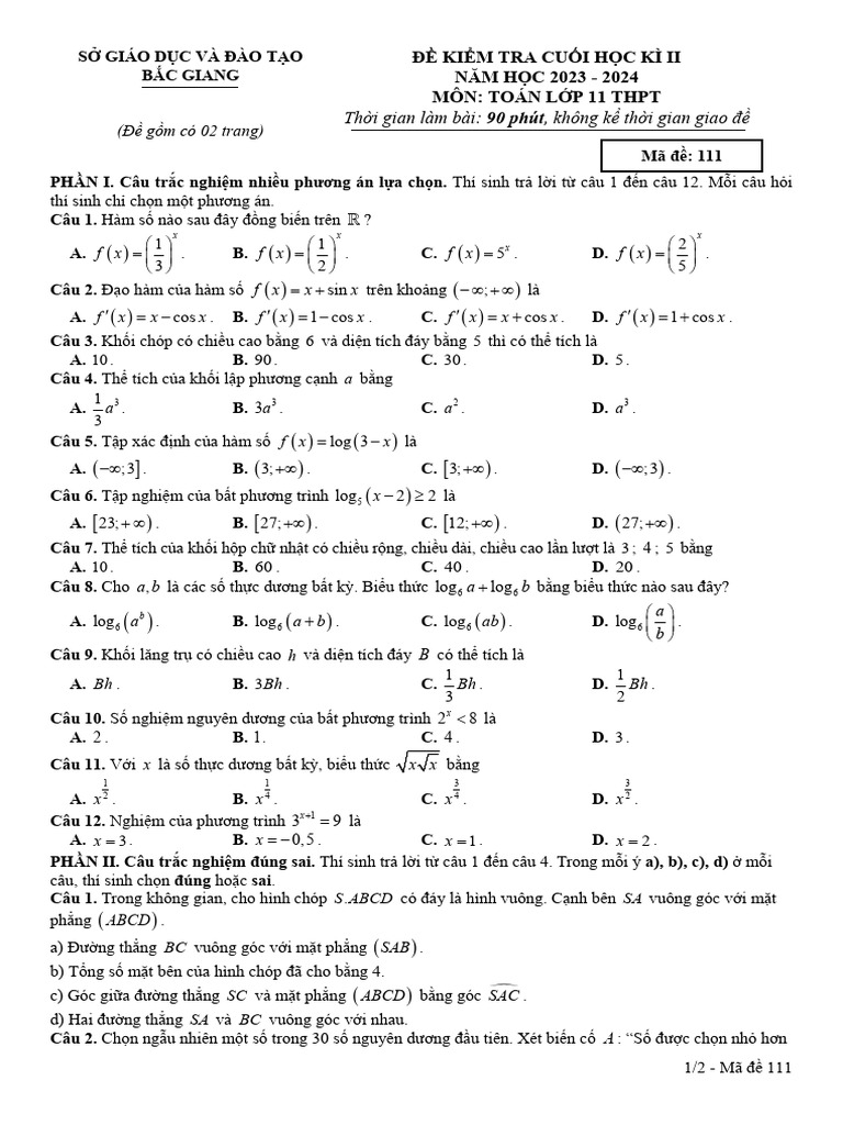 De Kiem Tra Cuoi Hoc Ki 2 Toan 11 Nam 2023 2024 So GDDT Bac Giang | PDF