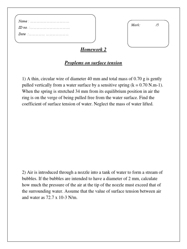 Surface Tension Problems and Calculations | PDF