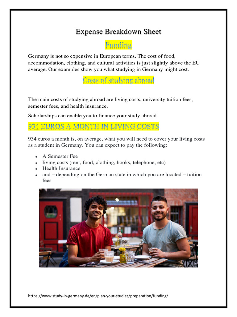 Expense Breakdown Sheet PDF Cost Of Living Tuition Payments