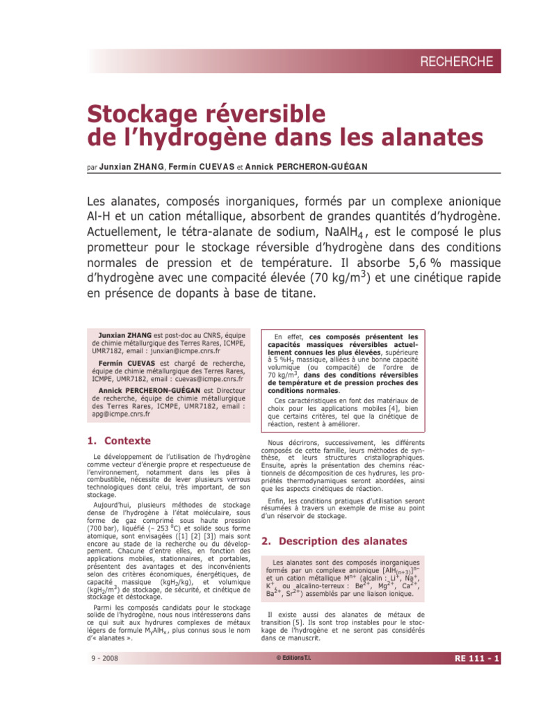 Stockage réversible d'hydrogène par alanates | PDF | Chimie ...