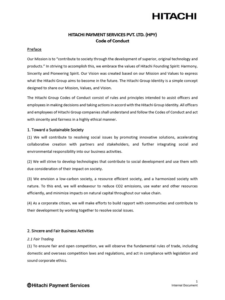 Hitachi Group Code of Conduct | PDF | Business Ethics | Regulatory ...