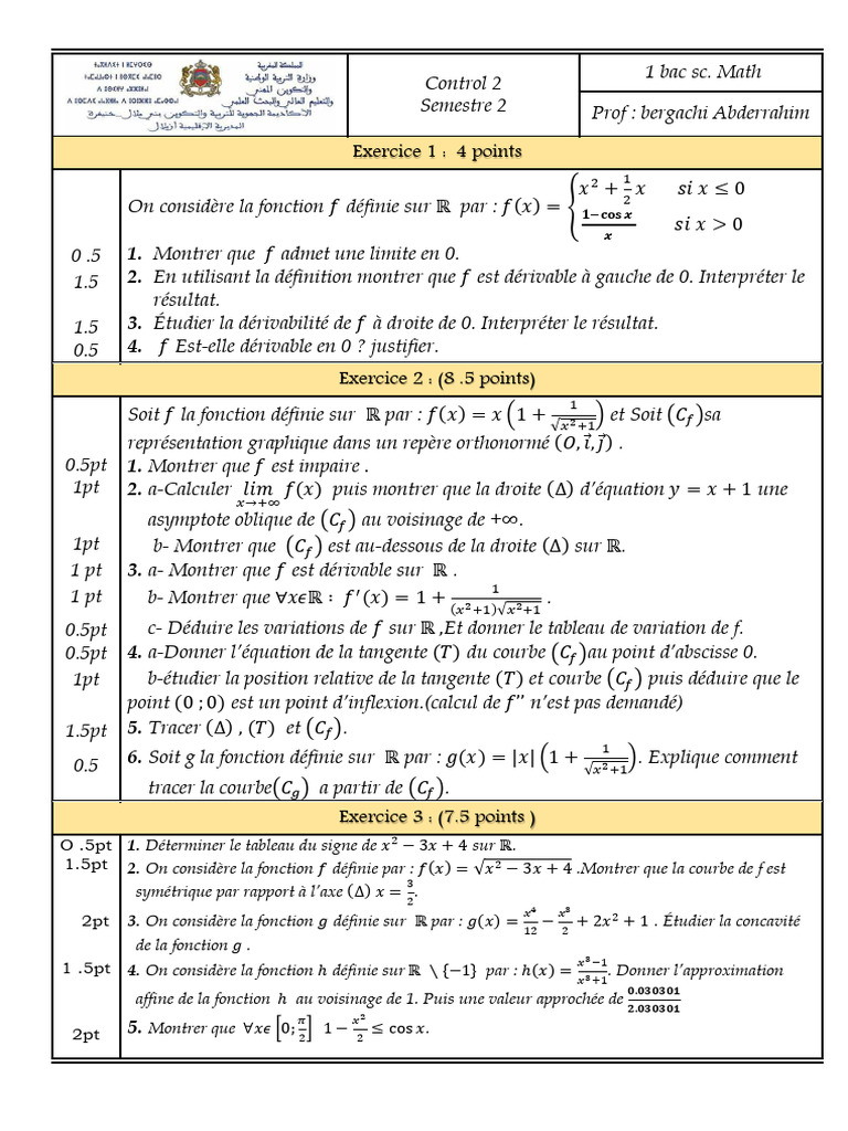 Évaluation de mathématiques 1er bac SM | PDF | Tangente (géométrie ...