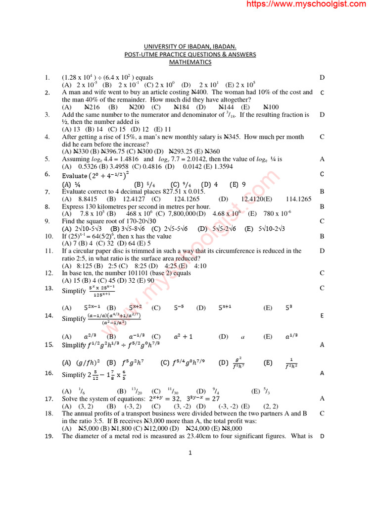 UI Post-UTME Math Practice Questions | PDF | Area | Trigonometric Functions
