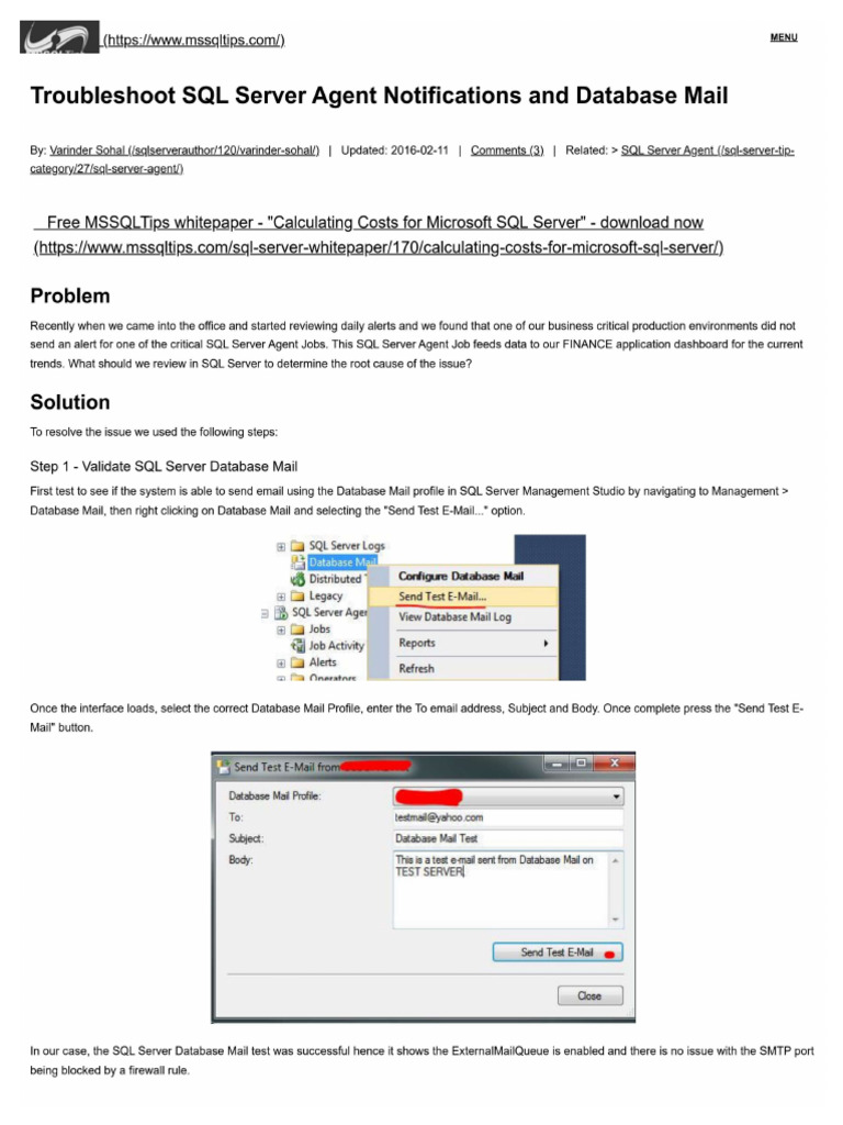 Troubleshoot SQL Server Agent Notifications and Database Mail | PDF