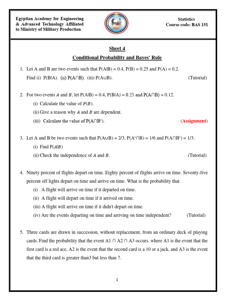 Sheet 4 Conditional Probability and Bayes Rule | PDF | Probability ...
