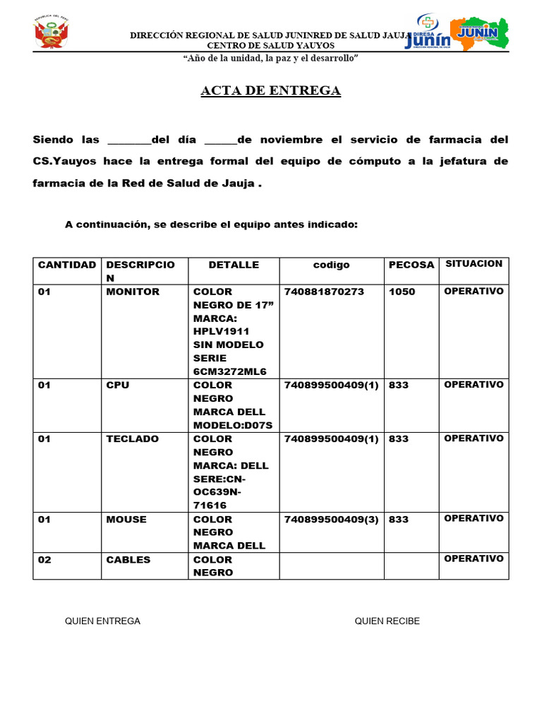 Acta de Entrega de Equipo de Cómputo | PDF