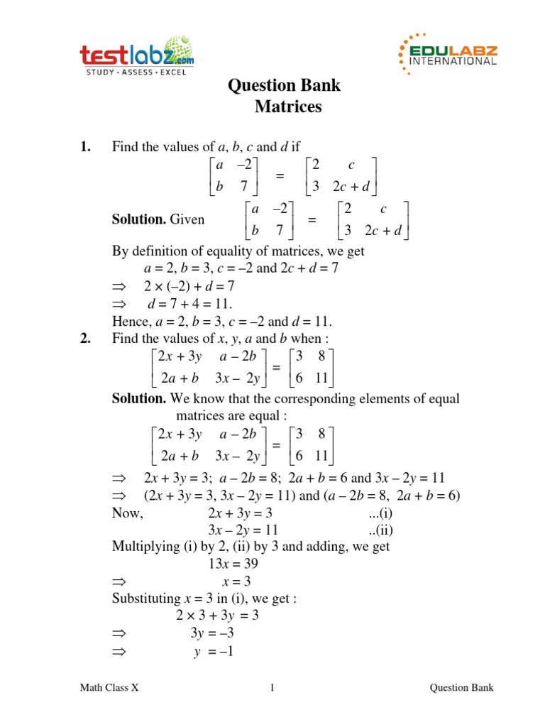 Question Bank Matrices: A - B C C D A - B C C D | PDF | Applied ...