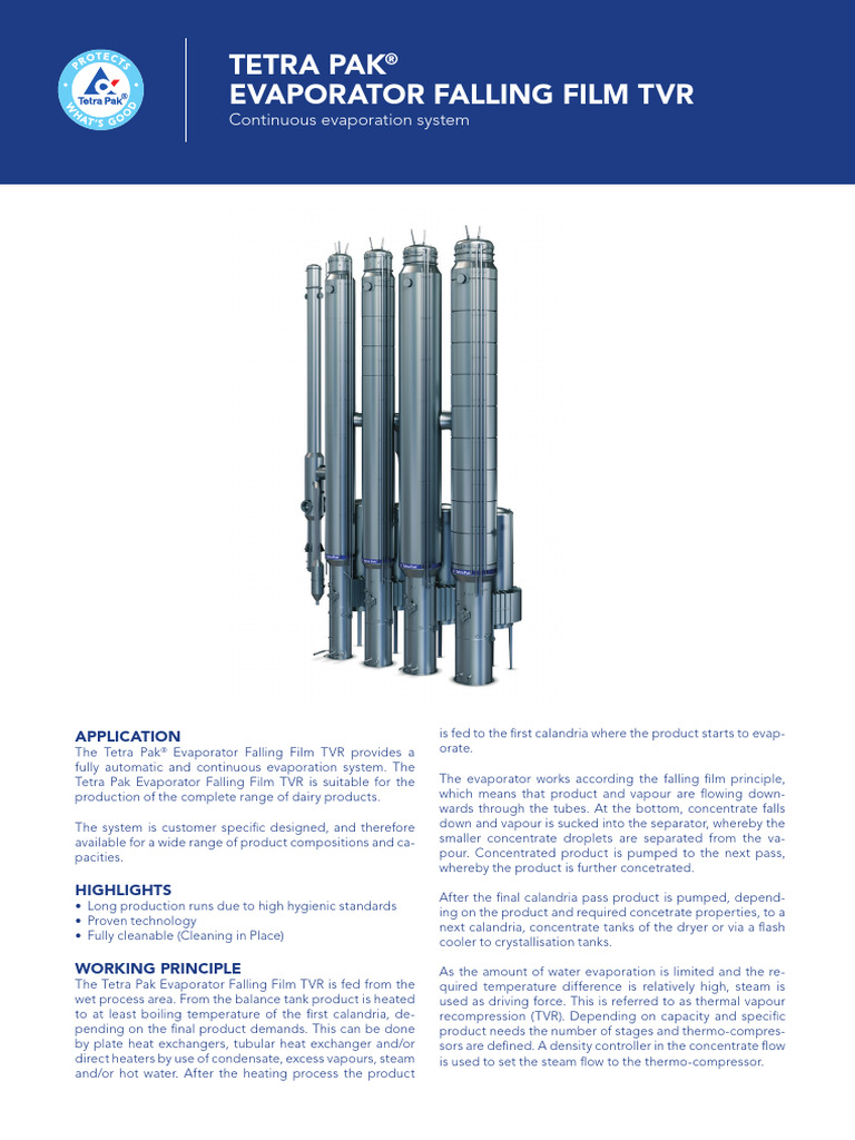 Tetra Pak Evaporator Falling Film TVR Continuous Evaporation | PDF ...