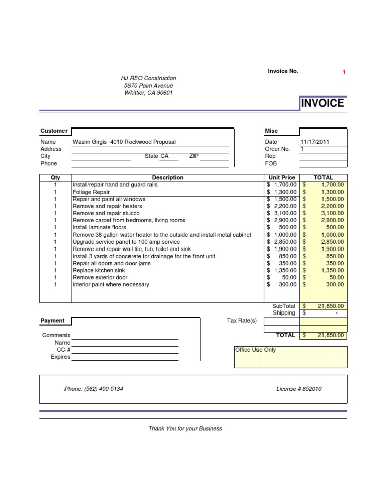 Detailed Construction Invoice Summary | PDF