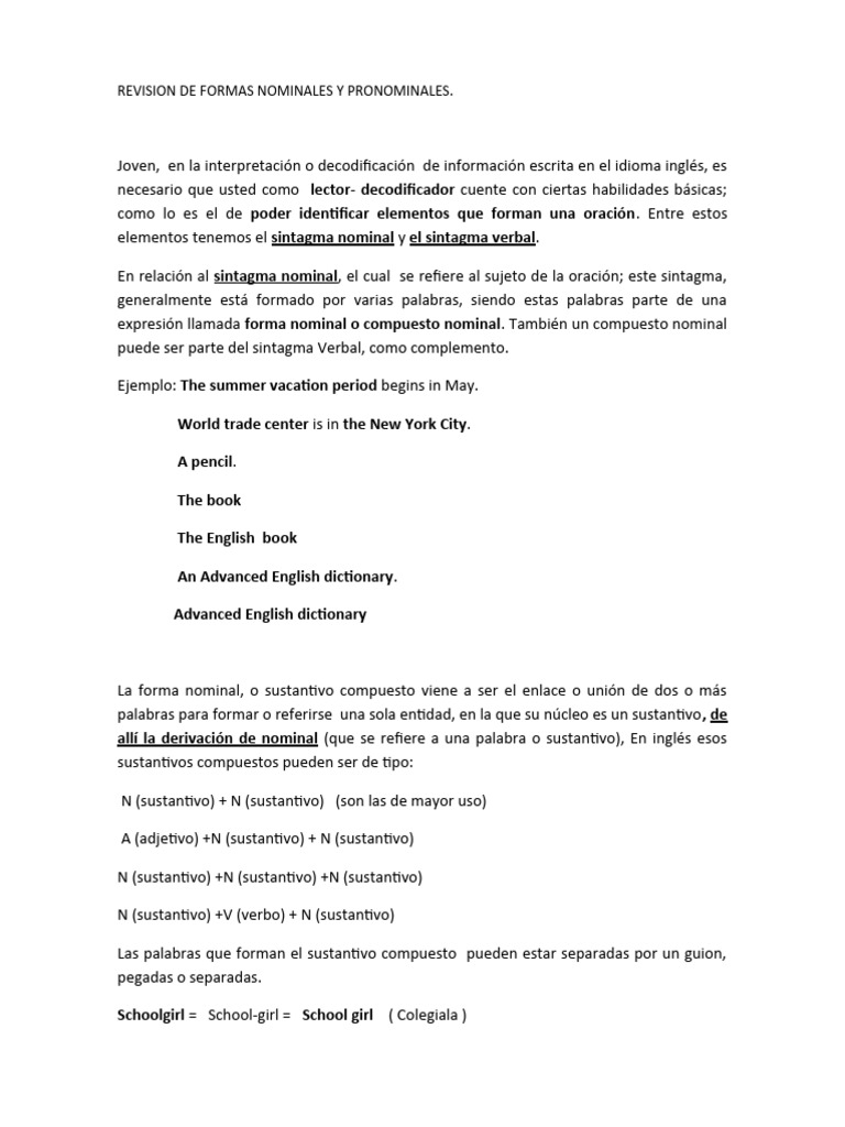Formas Nominales y Pronominales en Inglés | PDF | Sustantivo | Verbo