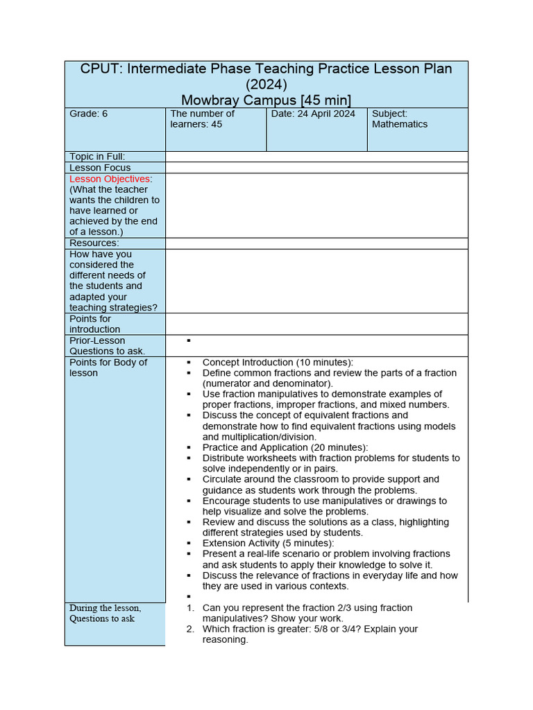 Grade 6 Math Lesson Plan: Fractions | PDF | Lesson Plan | Educational ...