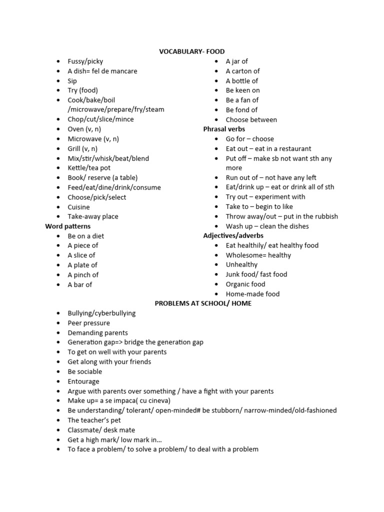 FOOD VOCABULARY-relationships - Problems at School or Home | PDF ...
