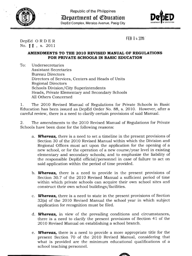 DepED Order No. 11 S. 2011new | PDF