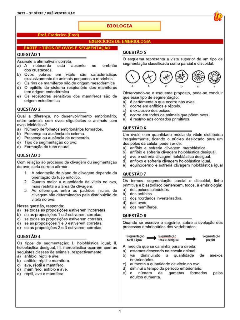 Exercícios de Embriologia para Pré-Vestibular | PDF | Ovo | Biologia