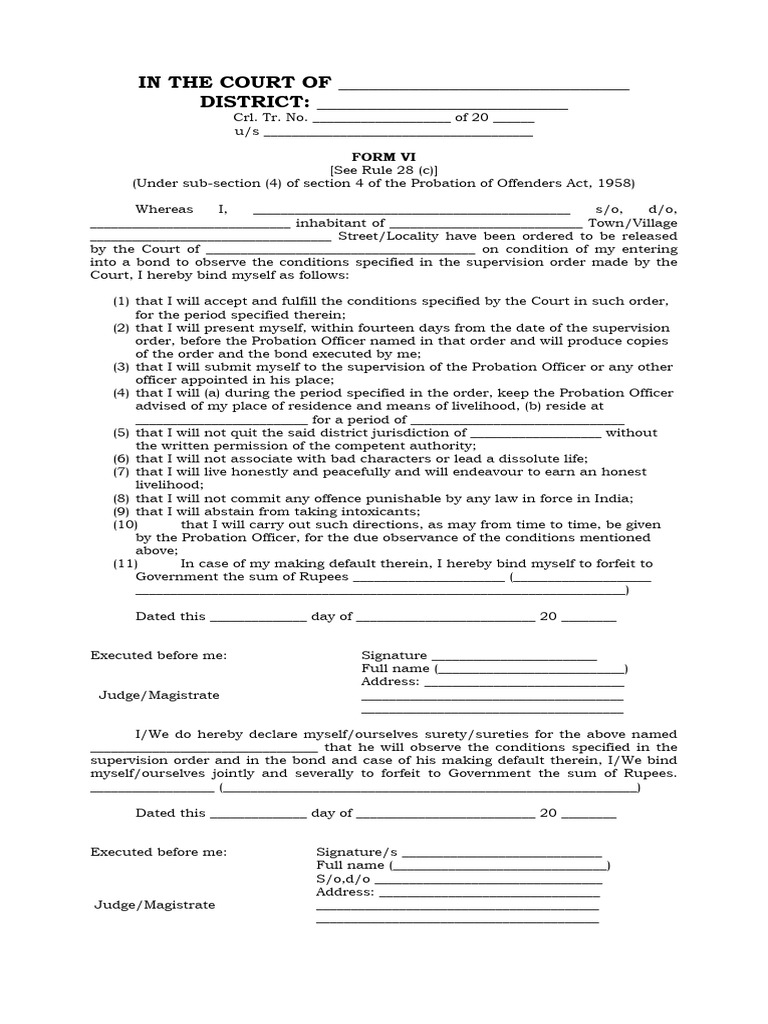Probation Bond Form VI Template | PDF | Bail | Probation