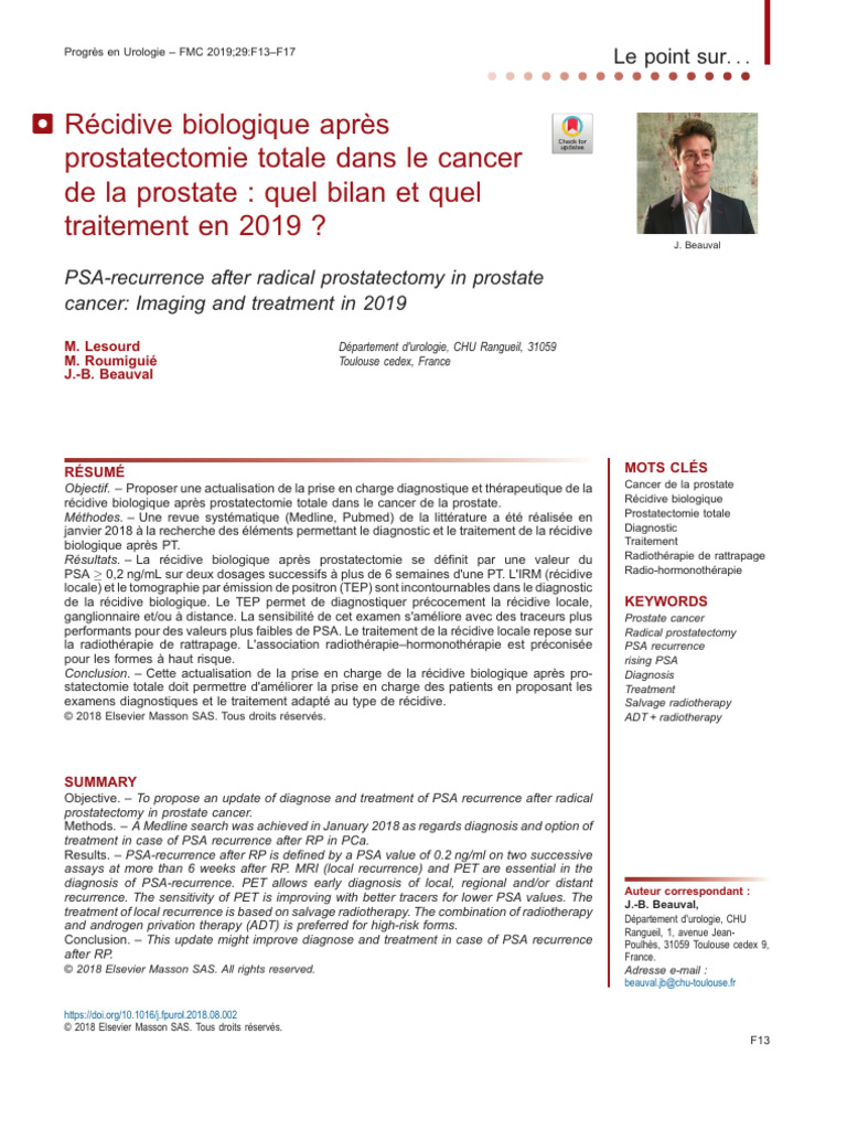 Récidive PSA après prostatectomie bilan et traitement PDF — free download