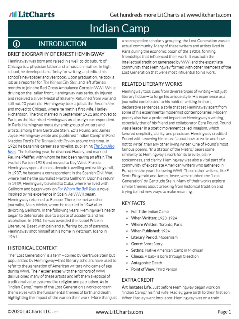 Indian Camp LitChart PDF Ernest Hemingway