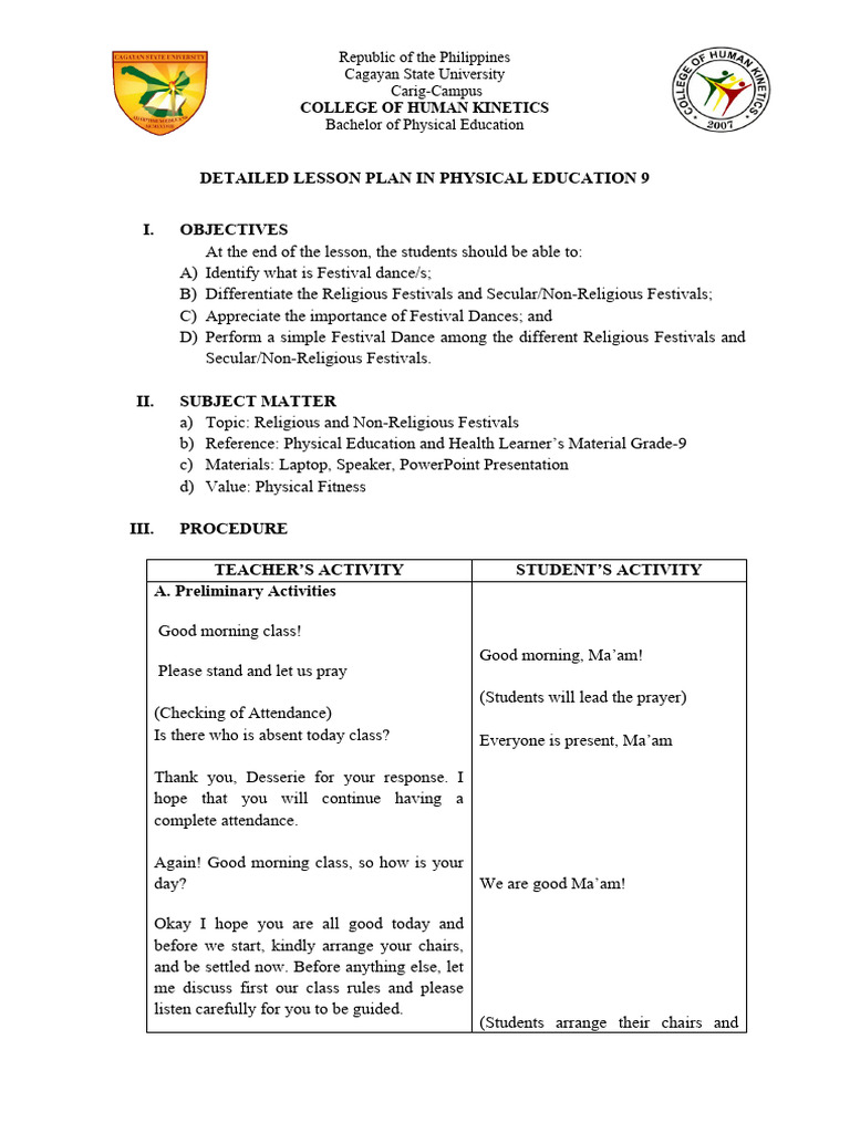 Detailed Lesson Plan in Physical Education 9 I. Objectives: College of ...