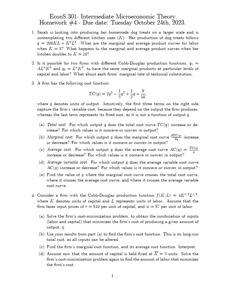 Intermediate Microeconomics Homework 4 | PDF | Pricing | Economies