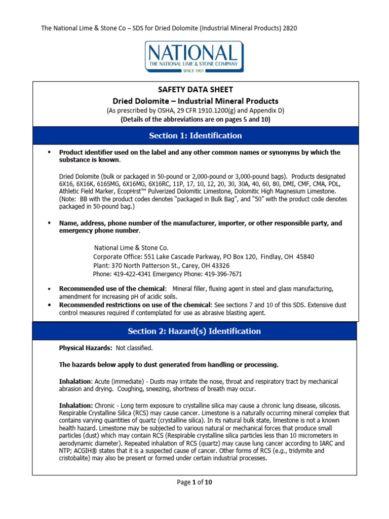 Dolomite 60 Dried SDS 6-28-20 | PDF | Limestone | Silicon Dioxide