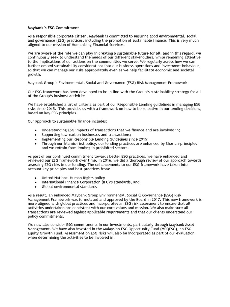 Maybank's ESG Commitment Overview | PDF | Governance | Sustainability