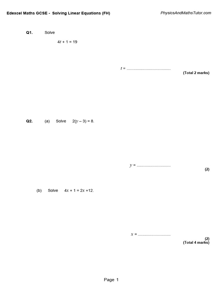 Edexcel GCSE Linear Equations Practice | PDF | Equations | Mathematical ...