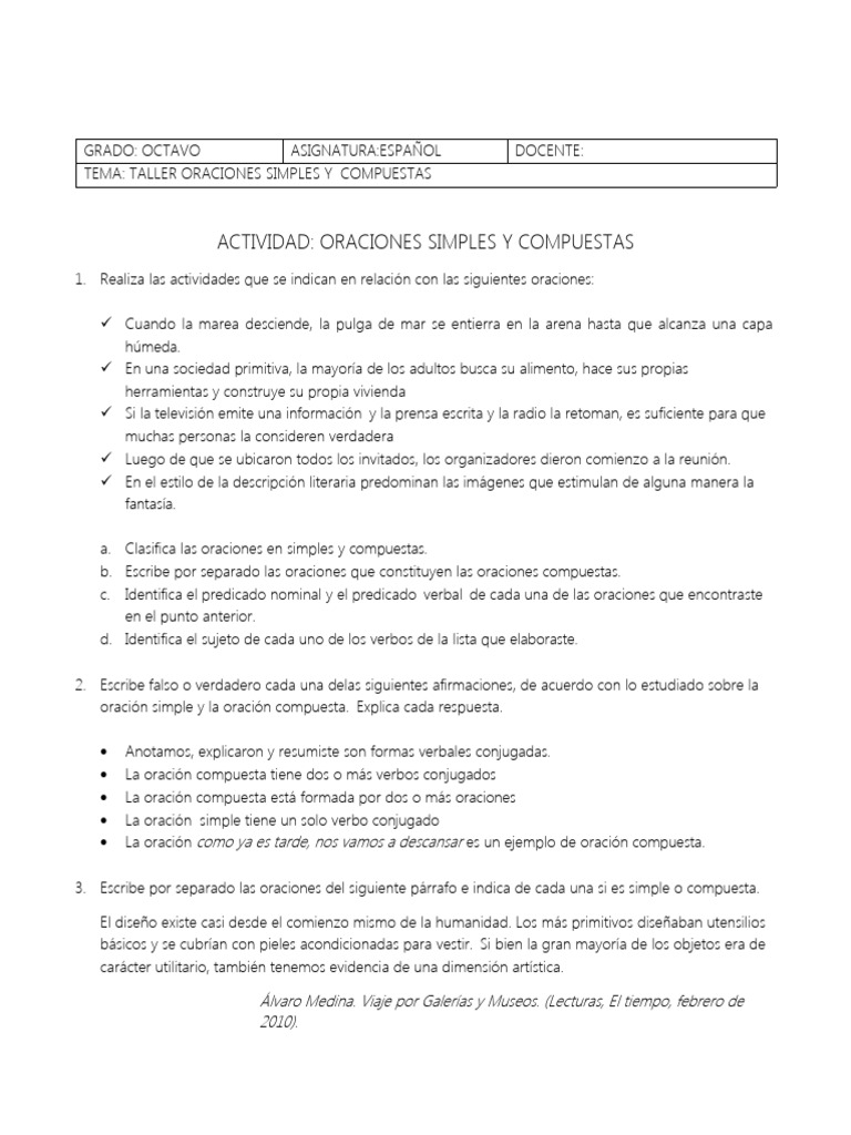 Taller de Oraciones Simples y Compuestas | PDF