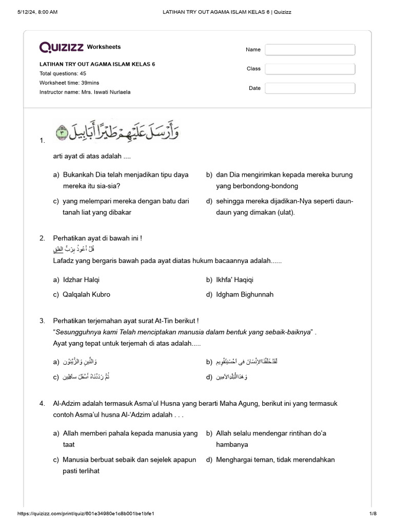 Latihan try out agama islam kelas 6 quizizz pdf