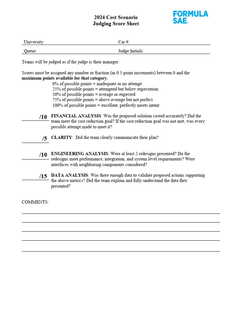2024 FSAE Cost Scenario Judging Score Sheet | PDF | Business
