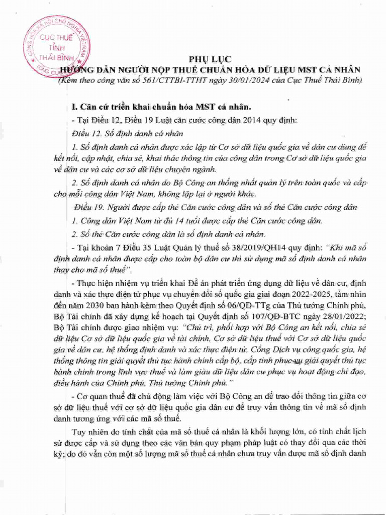 Phu Luc Huong Dan NNT Chuan Hoa Du Lieu MST Ca Nhan 072eb | PDF