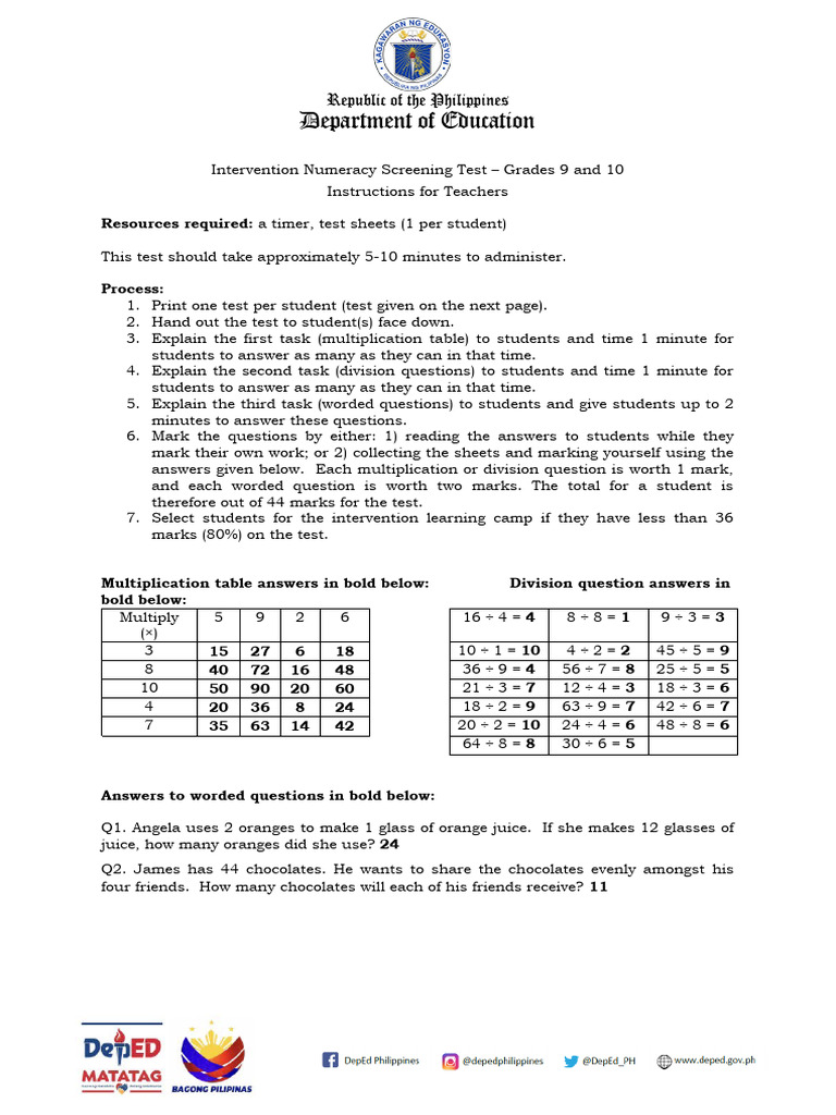 Grade 9 Numeracy Screening Test Guide | PDF | Multiplication | Learning