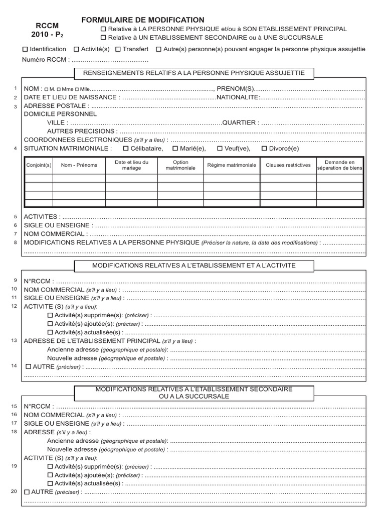 RCCM 2010 P2 Formulaire de Modification | PDF | Finance et gestion ...